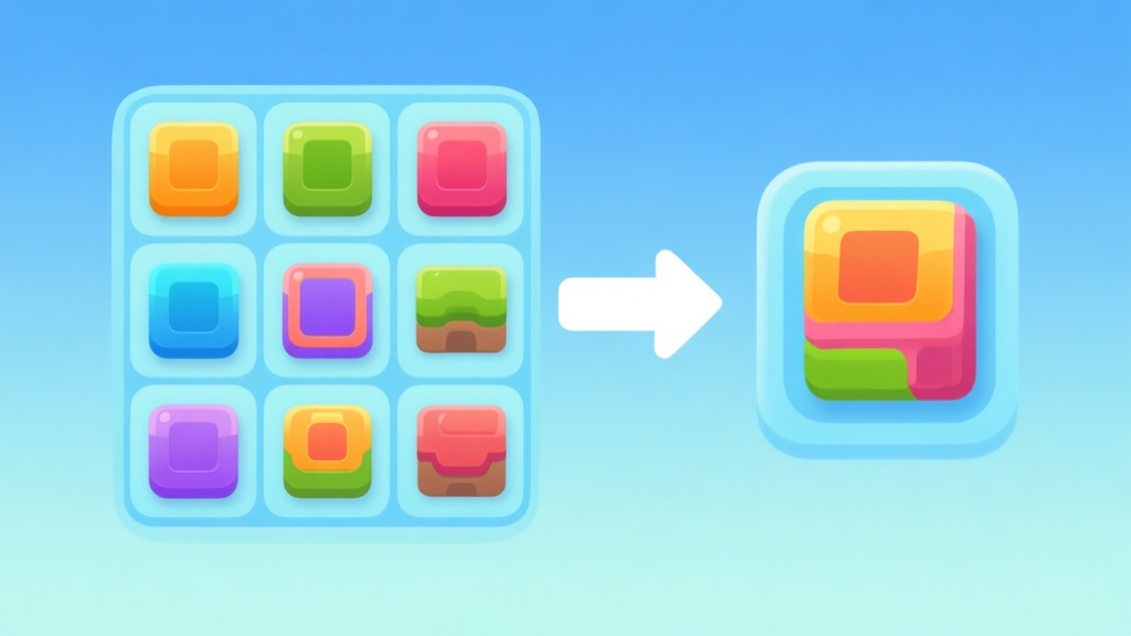 Ilustrasi minimalis layar game Merge Arena dengan berbagai unit berwarna-warni dalam grid, panah menunjukkan proses penggabungan dua unit menjadi satu unit yang lebih besar, latar belakang soft gradient biru muda, gaya desain bersih dan informatif high quality illustration, detailed, 16:9