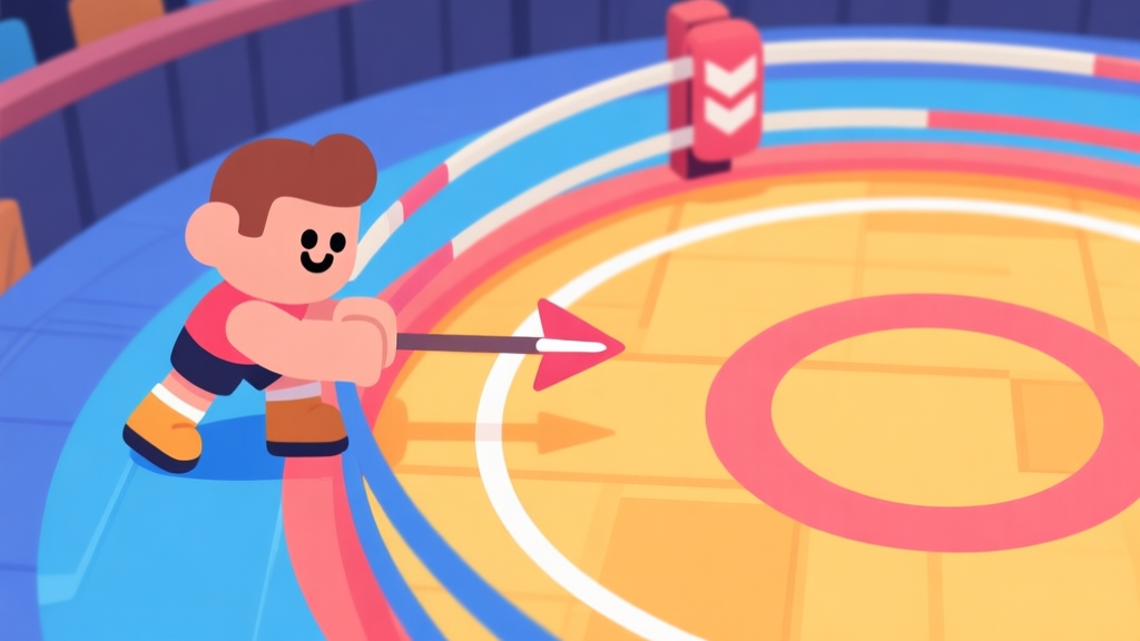 Ilustrasi karakter game bergaya kartun lucu sedang bersiap mendorong di tepi ring pertandingan, dengan panah arah dan lingkaran konsentris di lantai, warna cerah namun tidak terlalu mencolok, gaya desain minimalis untuk game mobile high quality illustration, detailed, 16:9