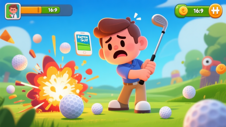 自动生成图片: Ilustrasi kartun lucu seorang pemain baru di game Battle Golf terlihat bingung, memegang stik golf digital sementara bola-bola dan efek ledakan bertebaran di sekitarnya, gaya game mobile yang cerah dan ramah high quality illustration, detailed, 16:9
