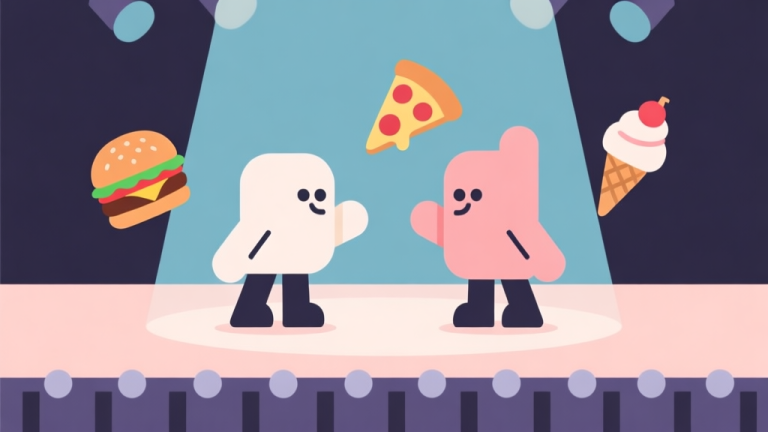 自动生成图片: Ilustrasi minimalis dari dua karakter game abstrak yang saling berhadapan di atas panggung, dengan ikon burger, pizza, dan es krim melayang di antara mereka. Skema warna pastel lembut, gaya clean vector, fokus pada komposisi dan kontras. high quality illustration, detailed, 16:9
