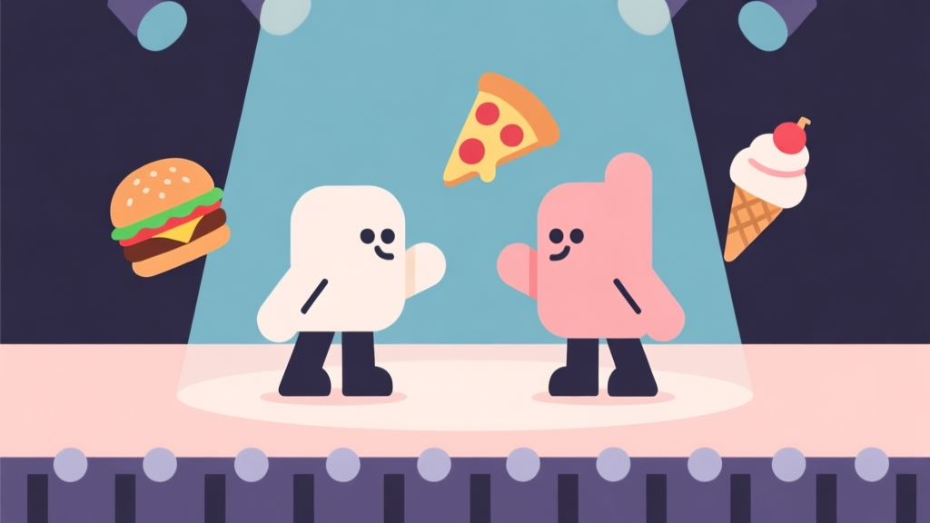 Ilustrasi minimalis dari dua karakter game abstrak yang saling berhadapan di atas panggung, dengan ikon burger, pizza, dan es krim melayang di antara mereka. Skema warna pastel lembut, gaya clean vector, fokus pada komposisi dan kontras. high quality illustration, detailed, 16:9