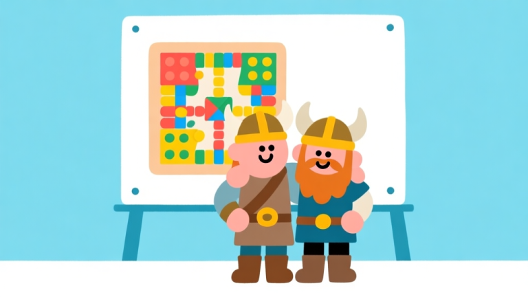 自动生成图片: Ilustrasi minimalis dua karakter viking dengan gaya kartun yang bersahabat, berdiri di depan papan permainan papan yang berwarna-warni, latar belakang biru muda dan putih, desain bersih dan ramah untuk pemula high quality illustration, detailed, 16:9
