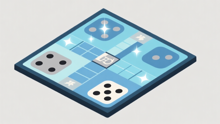 自动生成图片: Ilustrasi abstrak papan permainan Ludo dan domino yang terbalik, menampilkan sisi tersembunyi dengan jalur kemenangan yang bersinar, skema warna biru muda dan abu-abu, desain minimalis bersih, gaya konsep strategi high quality illustration, detailed, 16:9