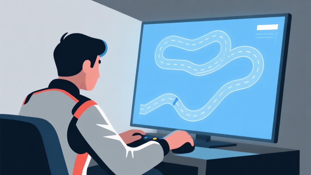 Ilustrasi minimalis seorang pembalap game sedang fokus menatap layar, dengan diagram lintasan balap yang samar-samar terproyeksi di udara, warna biru dan abu-abu dominan, gaya clean digital art high quality illustration, detailed, 16:9