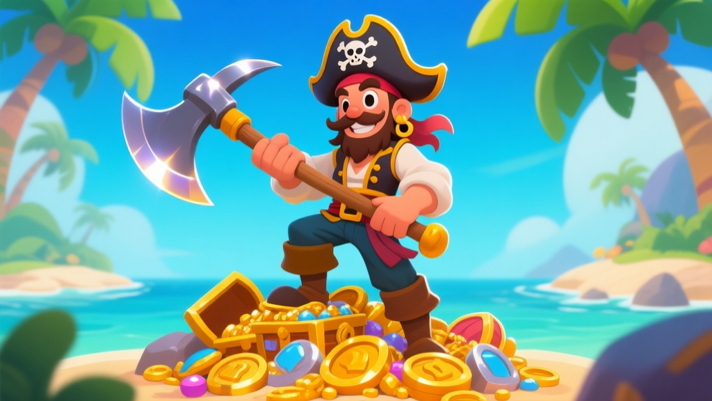 Ilustrasi karakter game kartun dengan tema bajak laut, memegang sekop besar berkilauan, berdiri di atas tumpukan harta karun, gaya art game mobile yang cerah dan ceria, latar belakang pulau tropis high quality illustration, detailed, 16:9