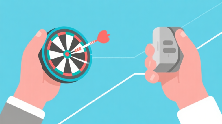 自动生成图片: Ilustrasi minimalis dua tangan memegang dart virtual dan nyata, dengan garis lintasan yang berbeda, skema warna biru muda dan abu-abu, desain bersih, gaya infografis game high quality illustration, detailed, 16:9