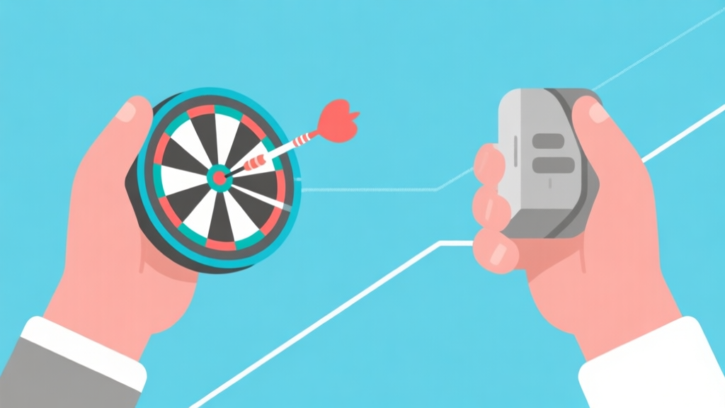 Ilustrasi minimalis dua tangan memegang dart virtual dan nyata, dengan garis lintasan yang berbeda, skema warna biru muda dan abu-abu, desain bersih, gaya infografis game high quality illustration, detailed, 16:9