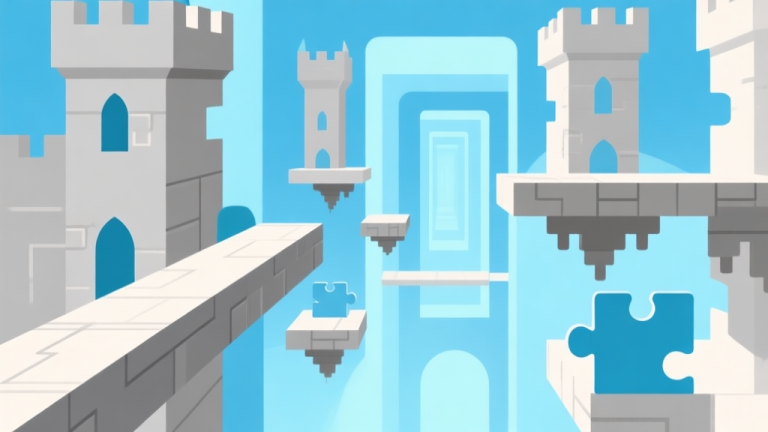自动生成图片: Ilustrasi minimalis kastil dengan lorong-lorong abstrak dan platform mengambang, skema warna biru muda dan abu-abu, desain bersih dengan elemen puzzle, gaya konsep game platform high quality illustration, detailed, 16:9