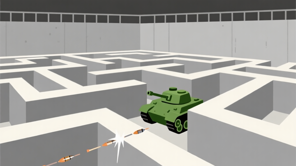 Ilustrasi minimalis arena permainan labirin dengan dinding abu-abu, sebuah tank hijau kecil sedang bersembunyi di balik sudut, dengan garis lintasan peluru yang memantul di kejauhan, gaya flat design, warna tenang high quality illustration, detailed, 16:9
