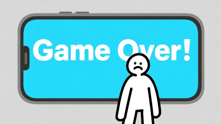 自动生成图片: Ilustrasi minimalis karakter stick figure yang terlihat frustrasi di depan layar ponsel dengan tulisan "Game Over" besar, skema warna biru muda dan abu-abu, desain bersih, gaya infografis high quality illustration, detailed, 16:9