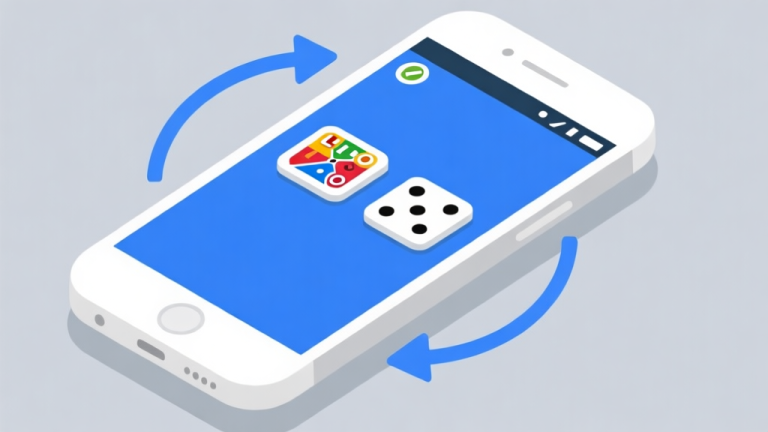 自动生成图片: Ilustrasi ponsel Android dengan dua ikon game Ludo dan Domino yang berbeda muncul di layar, dikelilingi oleh panah melingkar yang menunjukkan proses pergantian, gaya flat design minimalis dengan warna biru dan abu-abu yang bersih high quality illustration, detailed, 16:9