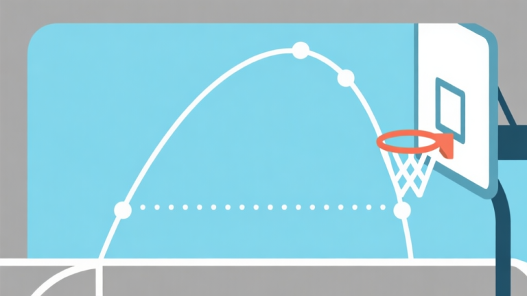自动生成图片: Ilustrasi minimalis dari garis tembakan parabola yang sempurna dalam game basket bergaya mobile, dengan titik-titik fokus pada puncak kurva dan target ring, skema warna biru muda dan abu-abu, desain bersih dan datar high quality illustration, detailed, 16:9