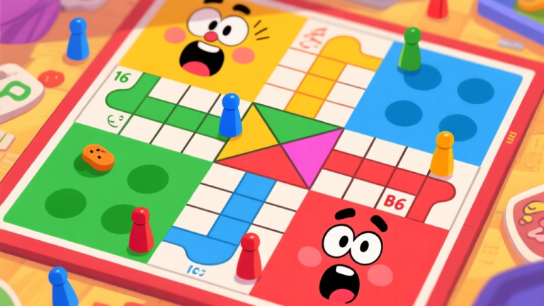 自动生成图片: Ilustrasi papan permainan Ludo dengan jalur berwarna-warni yang berbelok-belok tak terduga, beberapa bidak terlihat melompati bidak lain, ekspresi kartun terkejut dan tertawa di sekitar papan, gaya ilustrasi digital yang ceria dan sedikit kacau, warna-warna cerah namun harmonis high quality illustration, detailed, 16:9
