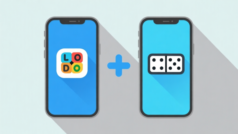 自动生成图片: Ilustrasi minimalis dua ponsel berdampingan, satu menampilkan ikon game Ludo, satunya ikon game Domino, dengan simbol plus dan panah di antaranya, skema warna biru muda dan abu-abu, desain bersih, gaya infografis high quality illustration, detailed, 16:9
