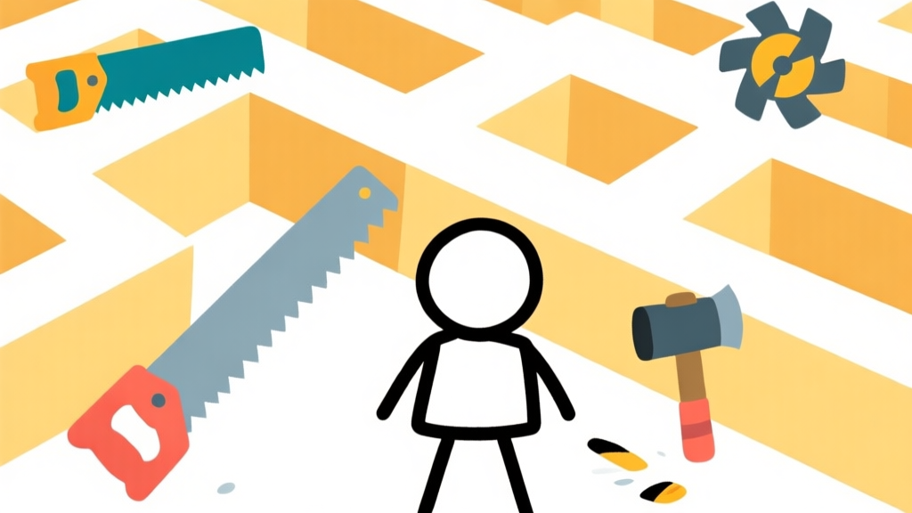 Ilustrasi karakter stickman sederhana menghadapi labirin kotak dengan berbagai rintangan seperti gergaji berputar dan palu yang jatuh, gaya flat design minimalis dengan warna cerah, latar belakang putih bersih high quality illustration, detailed, 16:9