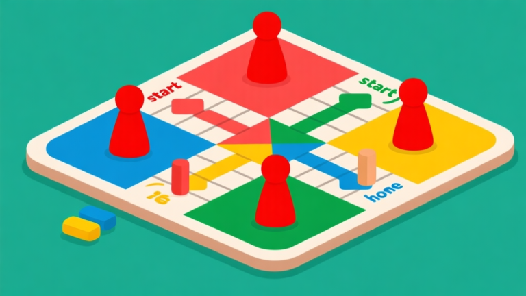 自动生成图片: Ilustrasi papan permainan Ludo dengan empat bidak berwarna merah terjebak di area start (home), sementara bidak warna lain sudah berjalan jauh di jalur, gaya flat design minimalis dengan warna-warna cerah tapi tidak terlalu mencolok high quality illustration, detailed, 16:9