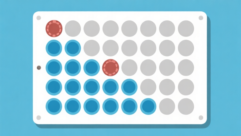自动生成图片: Ilustrasi minimalis papan permainan Four in a Row dengan grid 7x6, menunjukkan dua chip berwarna berbeda yang membentuk pola diagonal yang hampir lengkap. Skema warna biru muda dan abu-abu, desain bersih dan geometris, gaya infografis profesional high quality illustration, detailed, 16:9