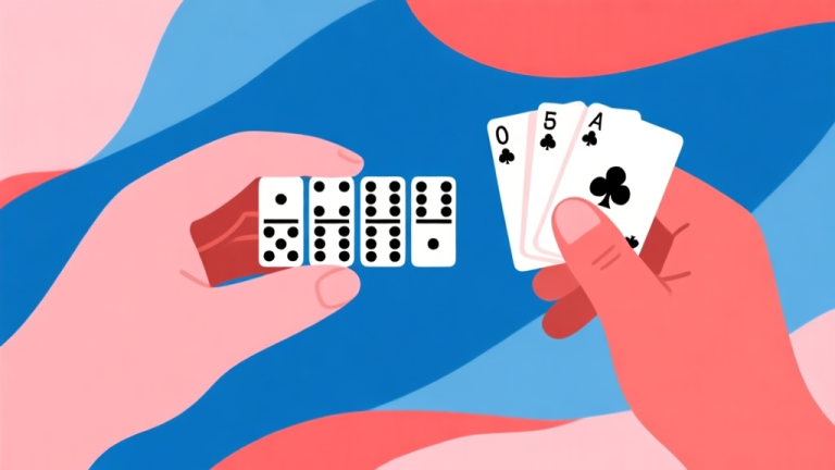 自动生成图片: Ilustrasi dua tangan memegang set domino yang berbeda, satu tangan dengan kartu tersusun rapi dan teratur (mink), tangan lain dengan kartu terlihat berani dan terbuka (max), latar belakang abstrak dengan warna biru dan merah muda lembut, gaya minimalis high quality illustration, detailed, 16:9