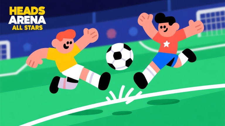 自动生成图片: Ilustrasi gaya game Heads Arena Soccer All Stars, menunjukkan dua karakter kartun sedang melompat untuk menyundul bola di udara, dengan garis lintasan bola yang dinamis, warna cerah dan kontras, desain minimalis yang fokus pada aksi high quality illustration, detailed, 16:9