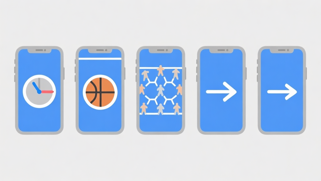 Ilustrasi minimalis dari lima ikon kesalahan umum dalam permainan basket mobile, seperti jam dengan timing yang salah, formasi pemain yang kacau, dan panah yang menunjuk ke arah yang keliru. Skema warna biru muda dan abu-abu, gaya clean dan profesional. high quality illustration, detailed, 16:9