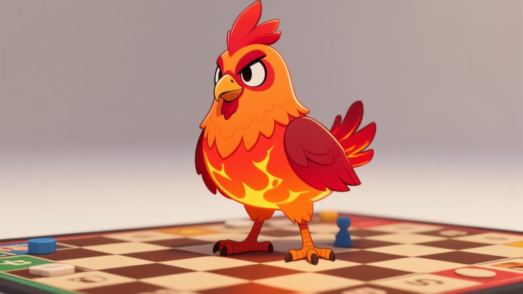 Ilustrasi karakter game Lava Bird dalam gaya Ludo modern, dengan bulu berwarna oranye dan merah menyala, berdiri di atas papan permainan dengan latar belakang minimalis, nuansa kompetitif high quality illustration, detailed, 16:9