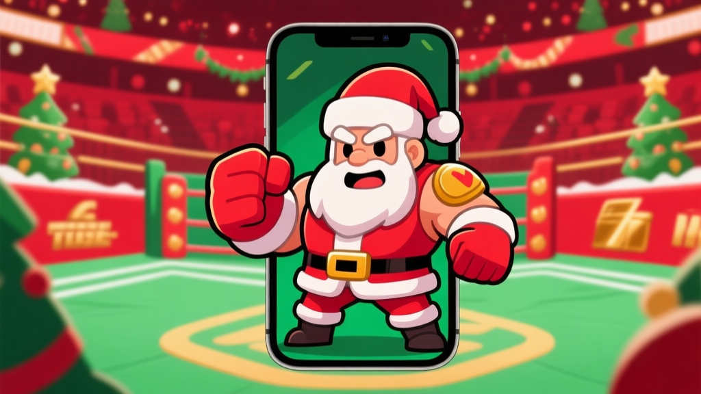 Ilustrasi gaya game mobile kartun, menunjukkan karakter Thumb Fighter dengan kostum Santa dan dekorasi Natal di latar belakang arena, warna-warna merah, hijau, dan emas dominan, desain bersih dan ceria high quality illustration, detailed, 16:9