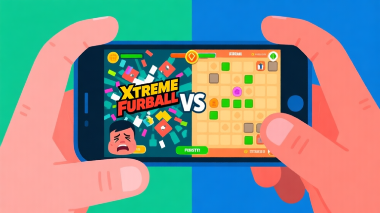 自动生成图片: Ilustrasi digital yang menunjukkan tangan pemula memegang ponsel dengan tampilan game Xtreme Furball yang berantakan, kontras dengan tangan ahli dengan tampilan papan yang rapi dan strategis. Gaya flat design dengan warna cerah namun tidak terlalu mencolok, fokus pada ekspresi wajah yang frustasi vs percaya diri. high quality illustration, detailed, 16:9