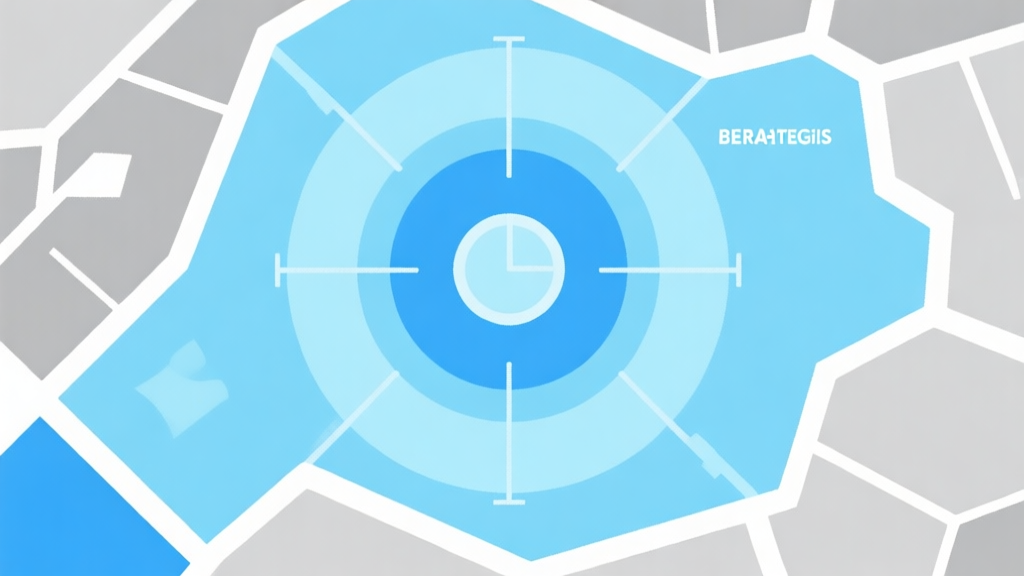 Ilustrasi peta strategis abstrak dengan zona aman dan berbahaya, skema warna biru muda dan abu-abu, desain minimal bersih, gaya diagram taktis game high quality illustration, detailed, 16:9