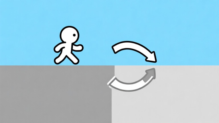 自动生成图片: Ilustrasi minimalis karakter game sederhana berjalan di dua bidang, satu di atas dan satu di bawah, dengan panah melengkung menunjukkan pergantian arah gravitasi. Skema warna biru muda dan abu-abu, desain bersih, gaya infografis high quality illustration, detailed, 16:9