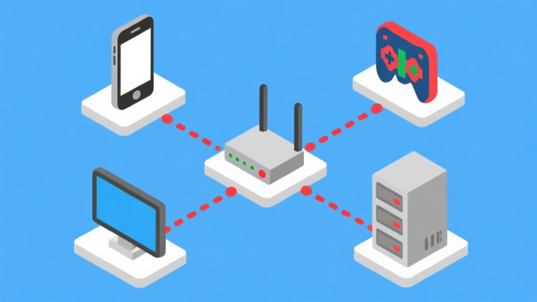 自动生成图片: Ilustrasi diagram jaringan yang menunjukkan koneksi antara ponsel, router, dan server game dengan garis putus-putus merah yang menandakan lag, gaya flat design minimalis dengan warna biru dan abu-abu high quality illustration, detailed, 16:9