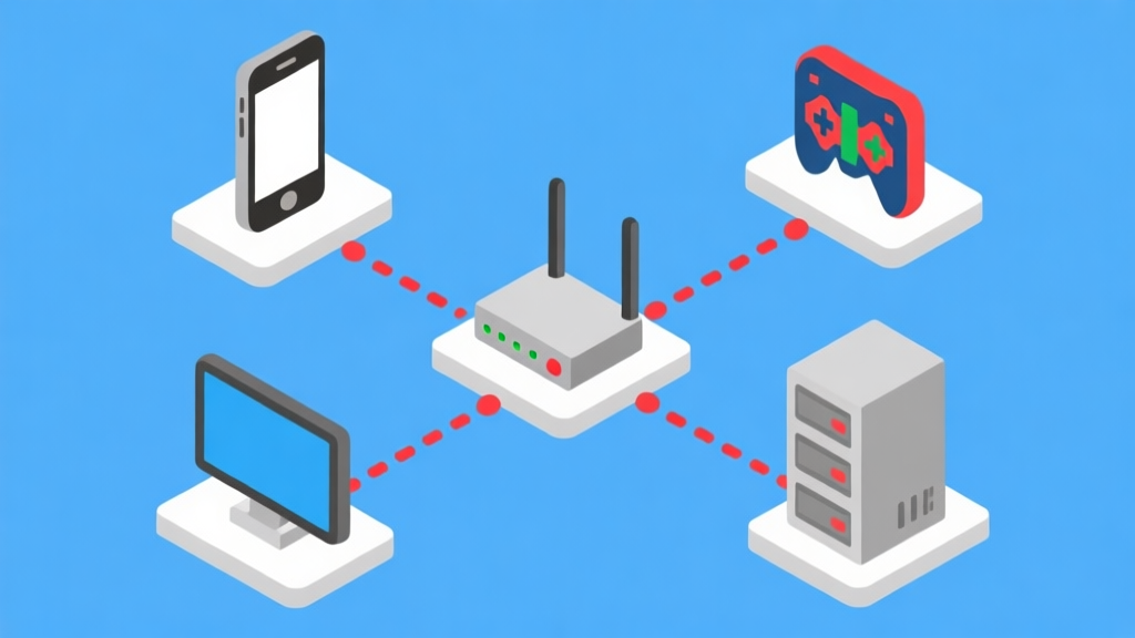 Ilustrasi diagram jaringan yang menunjukkan koneksi antara ponsel, router, dan server game dengan garis putus-putus merah yang menandakan lag, gaya flat design minimalis dengan warna biru dan abu-abu high quality illustration, detailed, 16:9