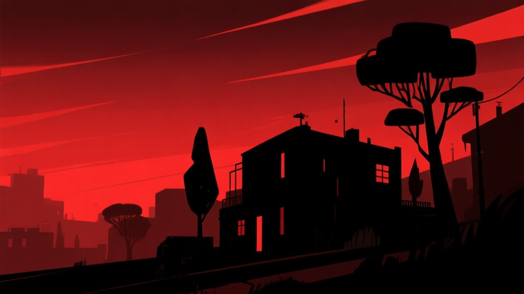 Ilustrasi minimalis dengan langit merah gelap dan siluet bangunan atau pohon, nuansa misterius dan sunyi, skema warna merah tua dan hitam, gaya seni konsep game high quality illustration, detailed, 16:9
