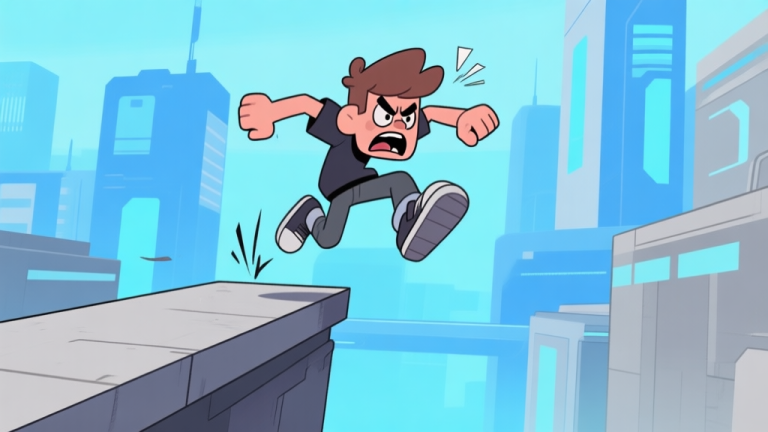 自动生成图片: Ilustrasi karakter game stylized sedang gagal melakukan lompatan parkour di platform sempit, gaya kartun dengan ekspresi frustrasi, latar belakang kota futuristik sederhana, warna dominan biru dan abu-abu, komposisi dinamis high quality illustration, detailed, 16:9