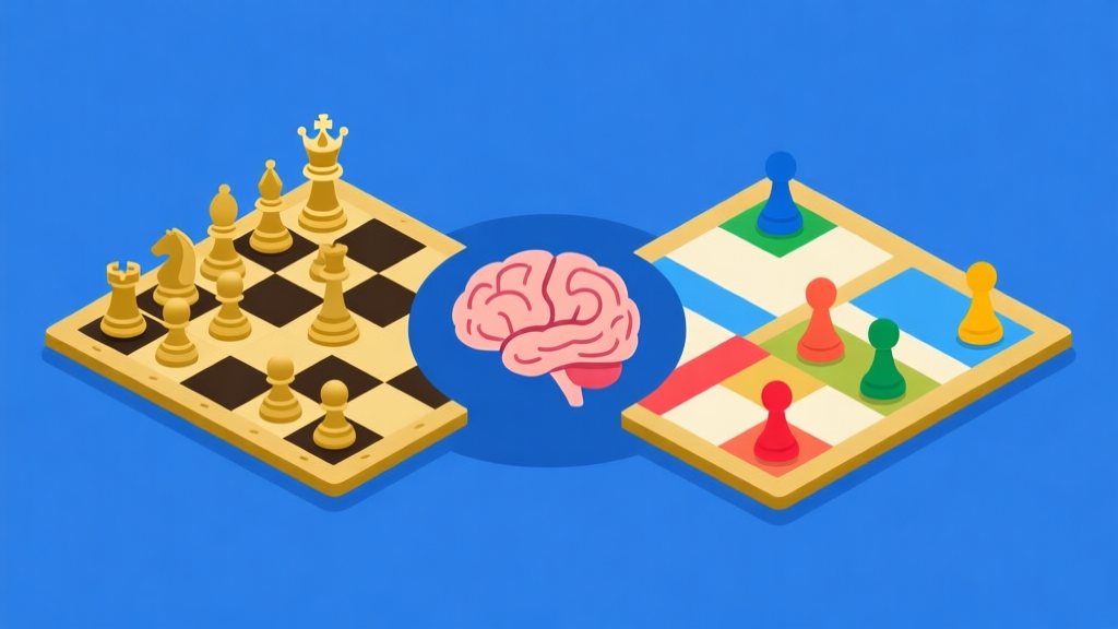 Ilustrasi konsep mental game: dua sisi, satu sisi papan catur dengan bidak raja, sisi lain papan Ludo dengan pion berwarna, terhubung oleh otak dengan ikon strategi, gaya flat design minimalis, warna biru dan emas high quality illustration, detailed, 16:9