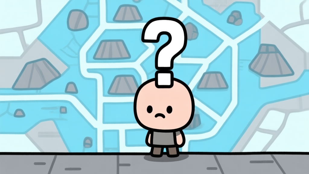 Ilustrasi minimalis seorang karakter kecil yang terlihat bingung di depan peta tambang yang kompleks, dengan tanda tanya besar di atas kepalanya. Skema warna biru muda dan abu-abu, gaya desain bersih, konsep game idle. high quality illustration, detailed, 16:9