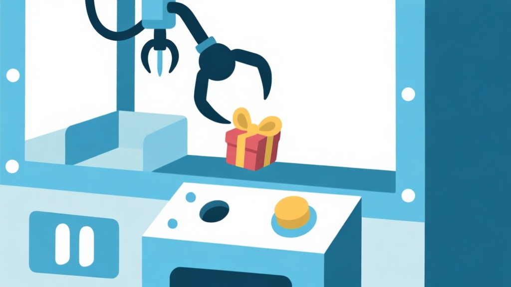 Ilustrasi minimalis mesin claw machine dengan cakar sedang menjatuhkan hadiah, warna utama biru muda dan putih, gaya desain bersih, fokus pada mekanisme cakar dan penempatan hadiah high quality illustration, detailed, 16:9