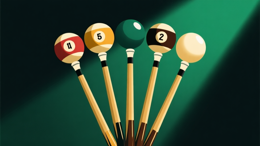 Komposisi minimalis lima tongkat biliar berbeda dengan gaya dan aksen unik, disusun seperti pahlawan, latar belakang gelap dengan sorotan dramatis, nuansa hijau dan emas, ilustrasi konsep profesional high quality illustration, detailed, 16:9