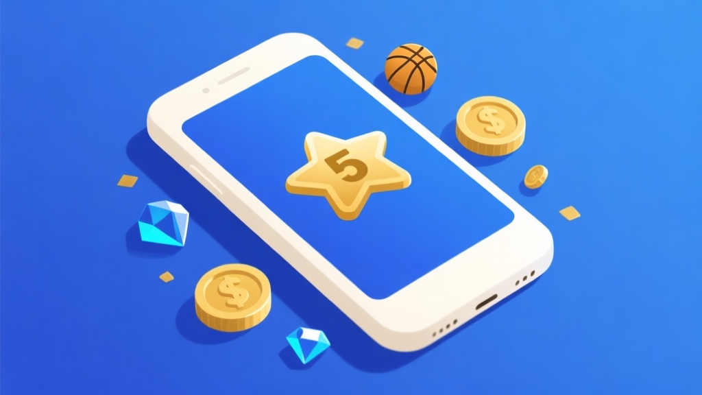 Ilustrasi minimalis ponsel dengan layar menampilkan ikon pemain bintang 5 dalam game basket, koin dan permata bertebaran di sekitarnya, skema warna biru dan emas, gaya flat design yang bersih high quality illustration, detailed, 16:9