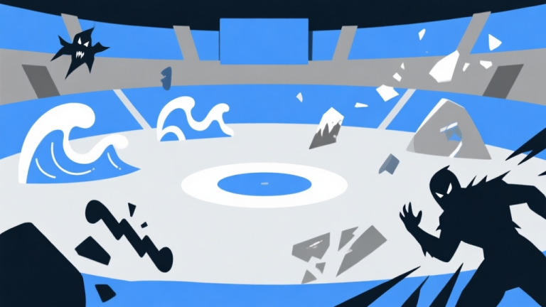 自动生成图片: Ilustrasi konseptual minimalis sebuah arena video game dengan berbagai ancaman abstrak (seperti bentuk gelombang, pecahan, dan siluet bahaya) mengelilingi titik pusat yang aman, skema warna biru tua dan abu-abu, gaya desain bersih dan modern high quality illustration, detailed, 16:9