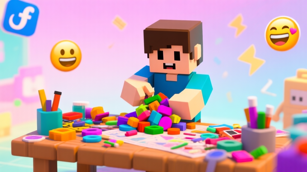 Ilustrasi digital dengan gaya Roblox blocky, menunjukkan karakter sedang mengumpulkan berbagai item berwarna-warni di depan meja kerajinan yang kacau, latar belakang dengan warna pastel cerah dan elemen meme internet seperti emoji, desain yang ramai dan penuh energi high quality illustration, detailed, 16:9
