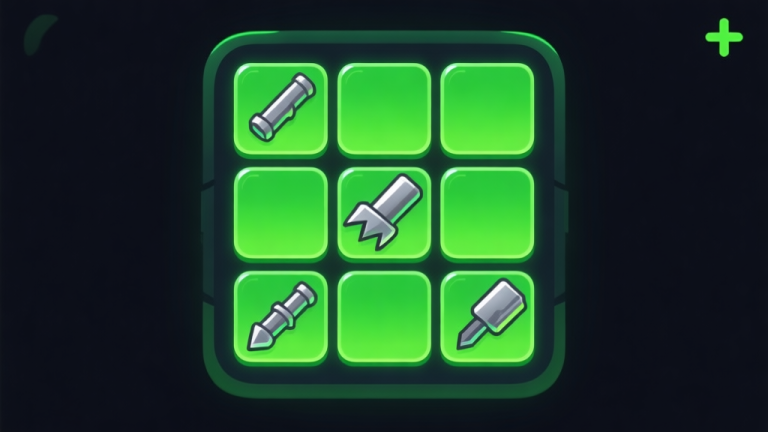 自动生成图片: Ilustrasi minimalis game seluler dengan ikon bor berwarna metalik dan hijau neon tersusun di grid, latar belakang gelap, gaya UI game yang bersih, menunjukkan mekanik penggabungan high quality illustration, detailed, 16:9