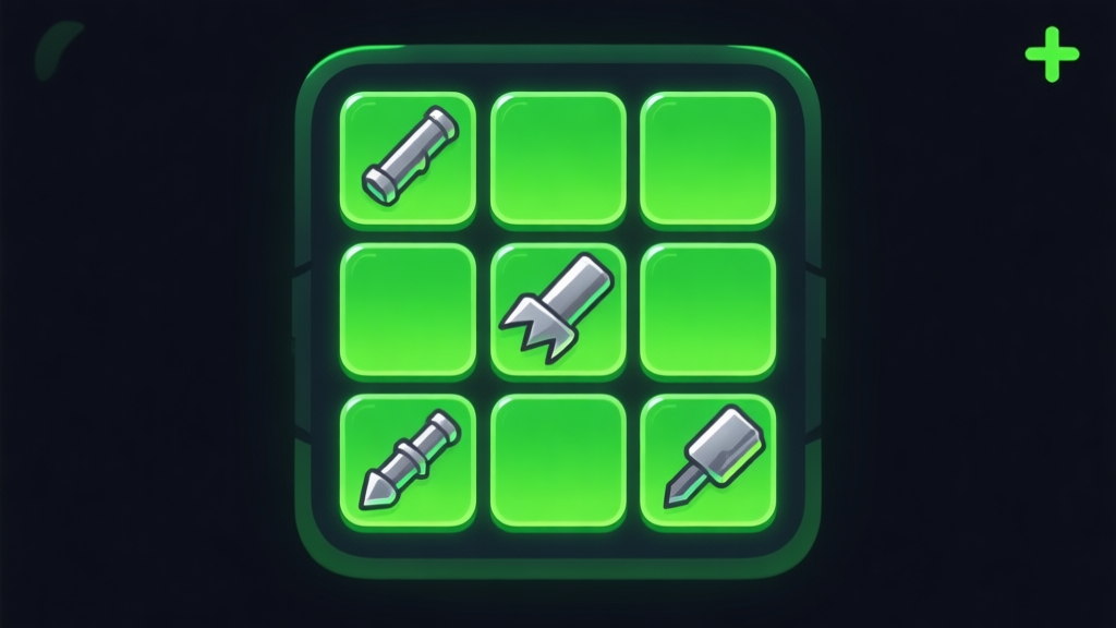 Ilustrasi minimalis game seluler dengan ikon bor berwarna metalik dan hijau neon tersusun di grid, latar belakang gelap, gaya UI game yang bersih, menunjukkan mekanik penggabungan high quality illustration, detailed, 16:9