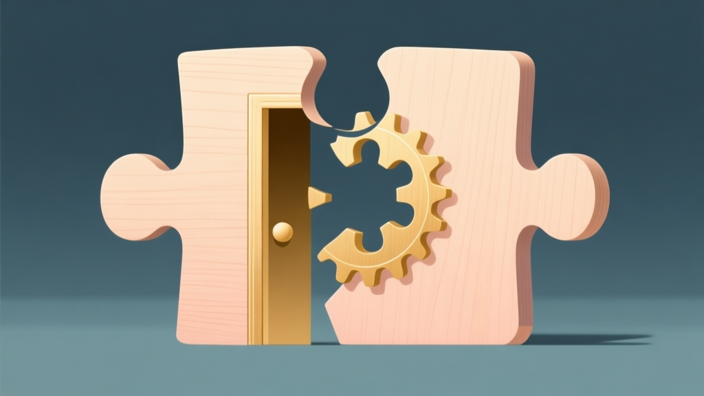 Ilustrasi minimalis potongan puzzle kayu yang sedang menyatu, namun satu potongan tengah berubah menjadi bentuk tak terduga seperti pintu atau roda gigi, skema warna pastel lembut dengan aksen emas, gaya desain bersih dan konseptual high quality illustration, detailed, 16:9