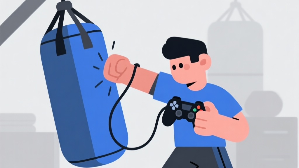 Ilustrasi karakter game bergaya kartun sedang memukul heavy bag dengan kabel pengontrol game yang terhubung, menunjukkan konsep mempelajari kontrol dasar, warna biru dan abu-abu dominan, gaya minimalis clean high quality illustration, detailed, 16:9