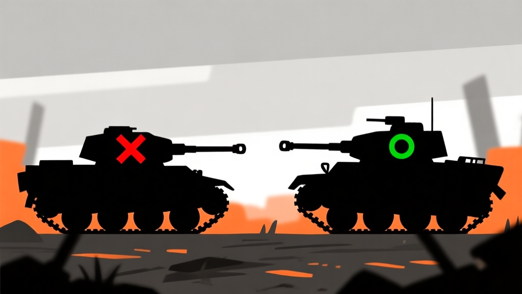 Ilustrasi minimalis dua siluet tank Tiger yang berseberangan di medan perang digital, satu dengan tanda silang merah (musuh) dan satu dengan tanda lingkaran hijau (sekutu), skema warna abu-abu, oranye, dan hitam, gaya seni konsep game yang bersih high quality illustration, detailed, 16:9