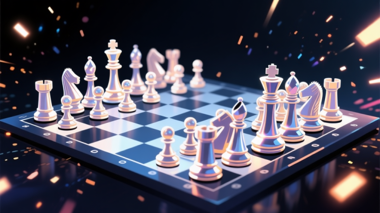 自动生成图片: Ilustrasi digital papan catur dengan bidak-bidak yang bersinar, ditampilkan dari sudut pandang pemain, latar belakang gelap dengan efek partikel cahaya, gaya seni digital yang modern dan dinamis high quality illustration, detailed, 16:9