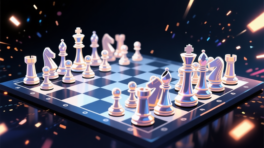 Ilustrasi digital papan catur dengan bidak-bidak yang bersinar, ditampilkan dari sudut pandang pemain, latar belakang gelap dengan efek partikel cahaya, gaya seni digital yang modern dan dinamis high quality illustration, detailed, 16:9