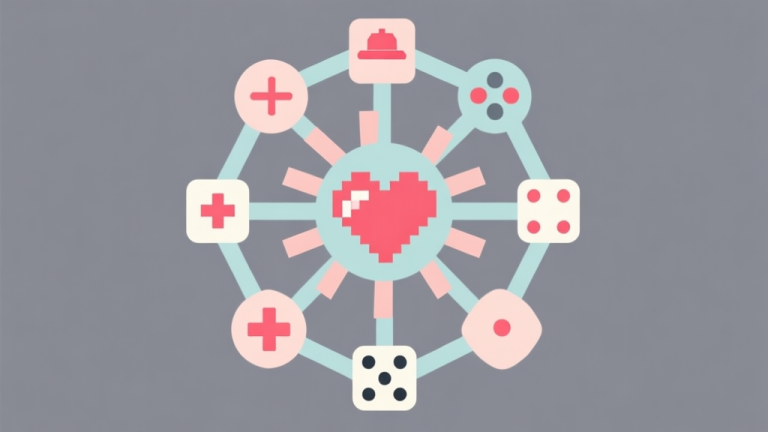 自动生成图片: Komposisi abstrak dari ikon-ikon game klasik (seperti pixel hati, joystick, dadu) yang tersusun membentuk pola viral seperti grafik jaringan, skema warna pastel lembut dan abu-abu, gaya minimalis bersih, ilustrasi konsep digital modern high quality illustration, detailed, 16:9