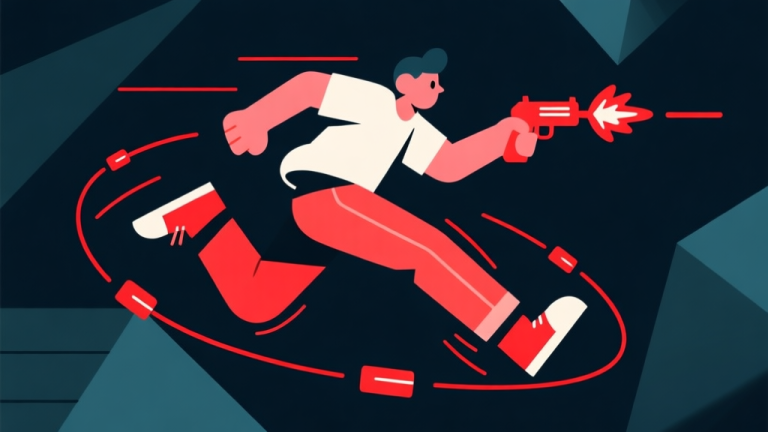 自动生成图片: Ilustrasi karakter stylized dalam pose slow-motion melompat, dikelilingi garis轨迹 tembakan merah, latar belakang gelap dengan elemen geometris, gaya flat design yang dinamis high quality illustration, detailed, 16:9