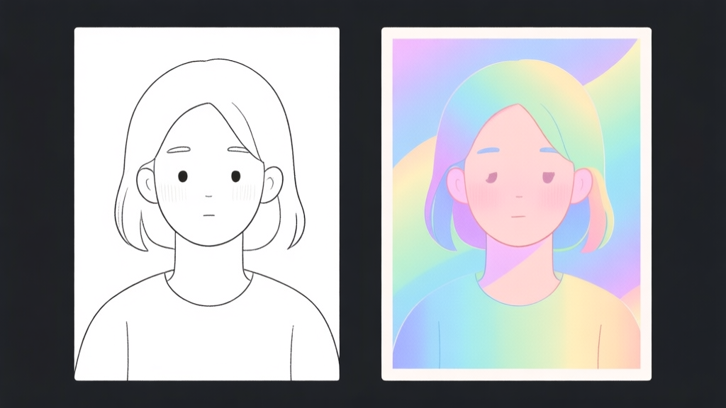 Ilustrasi kontras antara dua gambar mewarnai yang sama: satu terlihat datar dan membosankan, satu lagi hidup dengan gradien dan kedalaman. Gaya ilustrasi digital yang bersih, warna pastel, fokus pada perbedaan hasil. high quality illustration, detailed, 16:9